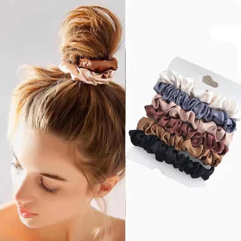 6PCS Silk Hair Scrunchies Women Elastic Ponytail Ties Solid Color Bands