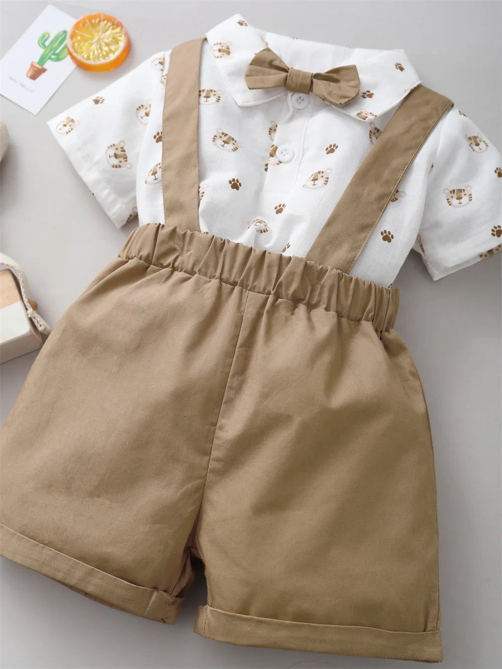 2PCS Baby Boy Outfit Tiger Print Shirt & Strap Shorts Birthday Party Set
