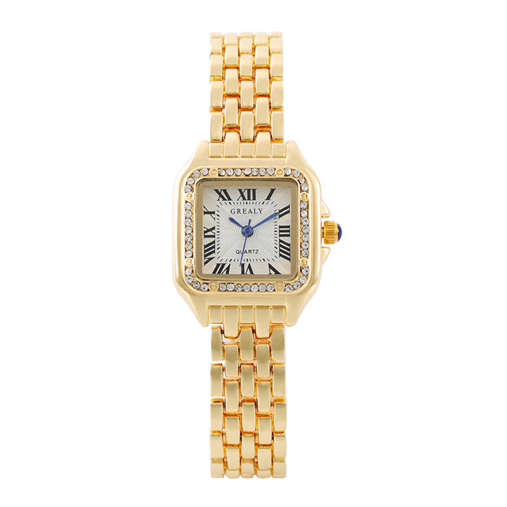 Women's Luxury Square Watch Gold Alloy Strap Quartz with Roman Numerals