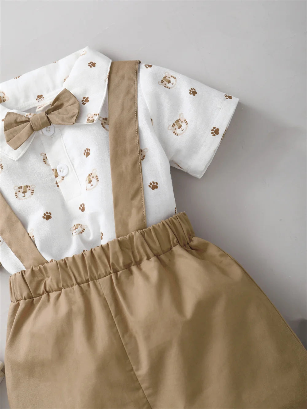 2PCS Baby Boy Outfit Tiger Print Shirt & Strap Shorts Birthday Party Set