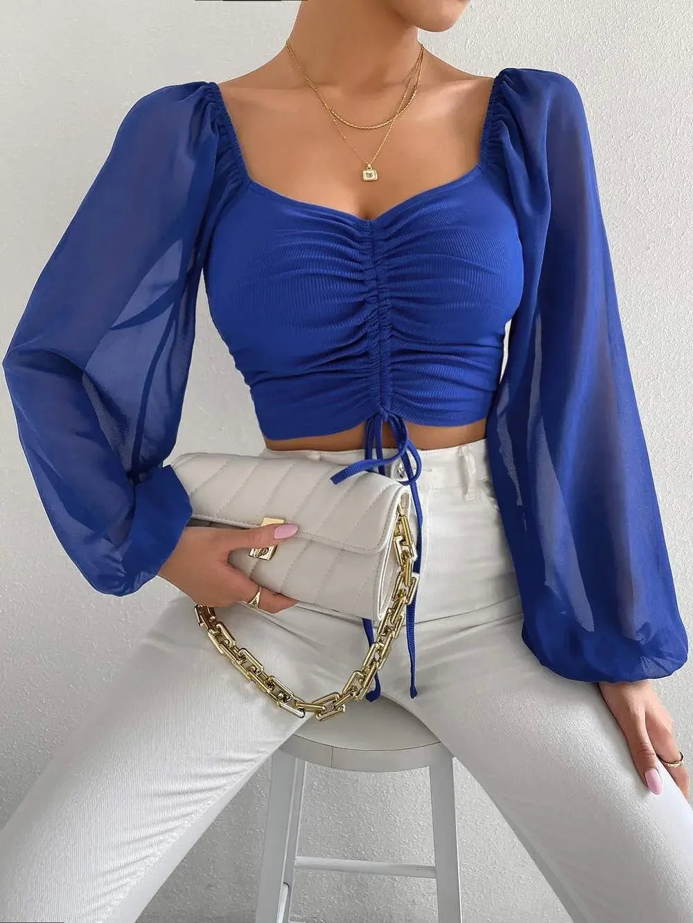 Sexy Women’s Mesh Lantern Sleeve T-Shirt Drawstring Wrap Chest, Bare Midriff, Long Sleeve, Bottoming Top