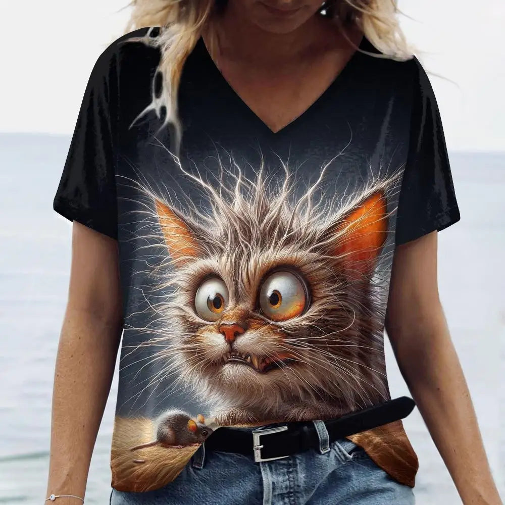 Women’s 3D Cat Print T-Shirt Casual Oversized Tee, Short Sleeve Crew Neck Streetwear
