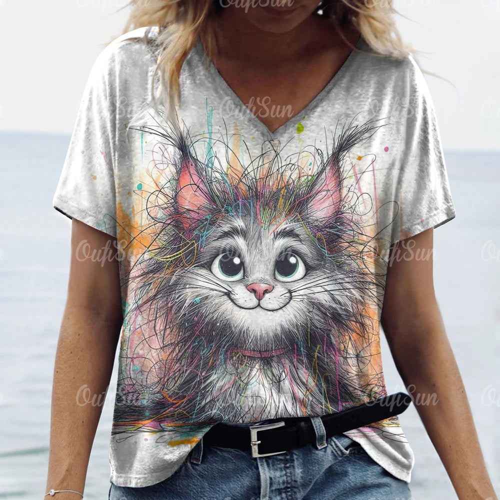 Women’s 3D Cat Print T-Shirt Casual Oversized Tee, Short Sleeve Crew Neck Streetwear