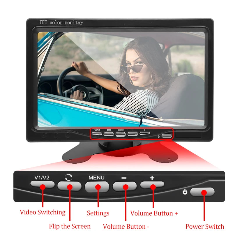 7'' Car Monitor 800×480 HD Screen with Dual Video Input for Rear Camera
