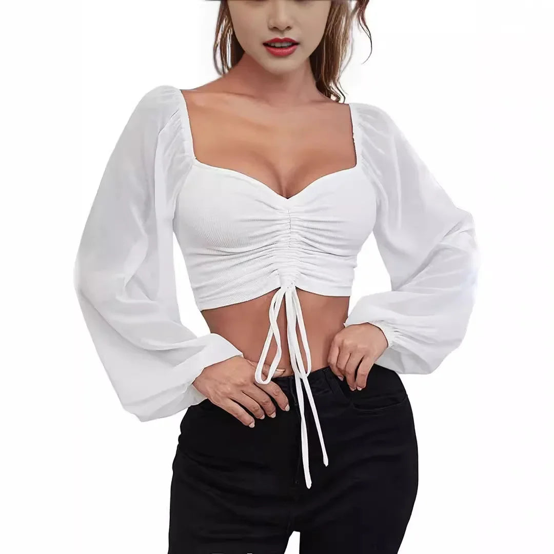 Sexy Women’s Mesh Lantern Sleeve T-Shirt Drawstring Wrap Chest, Bare Midriff, Long Sleeve, Bottoming Top