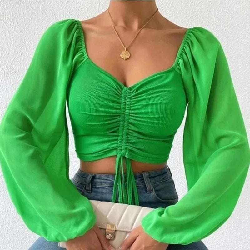 Sexy Women’s Mesh Lantern Sleeve T-Shirt Drawstring Wrap Chest, Bare Midriff, Long Sleeve, Bottoming Top