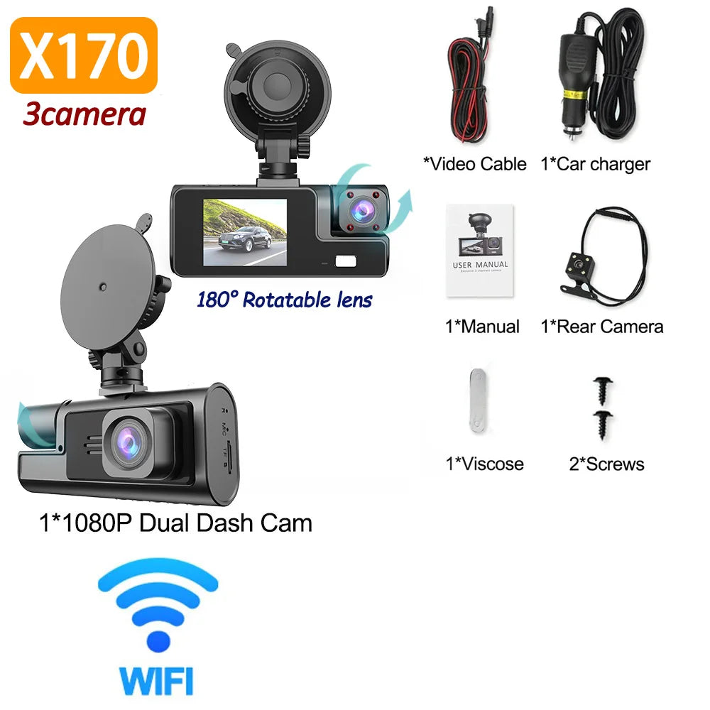 3-Camera Dash Cam 1080P WiFi Car DVR Front & Rear Night Vision Recorder