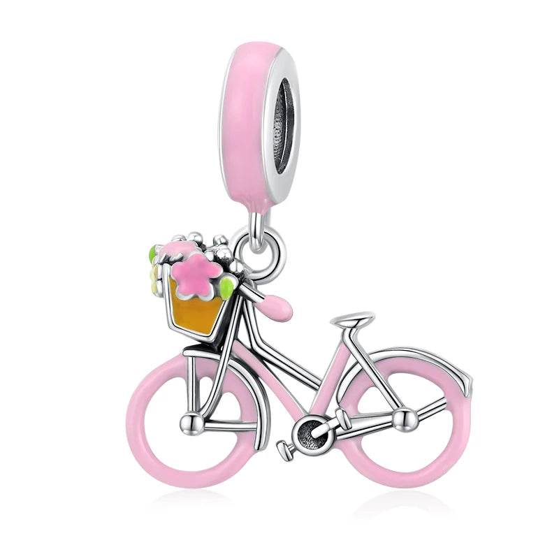 925 Sterling Silver Pink Bicycle Car Charm Bead Pendant for Bracelet DIY