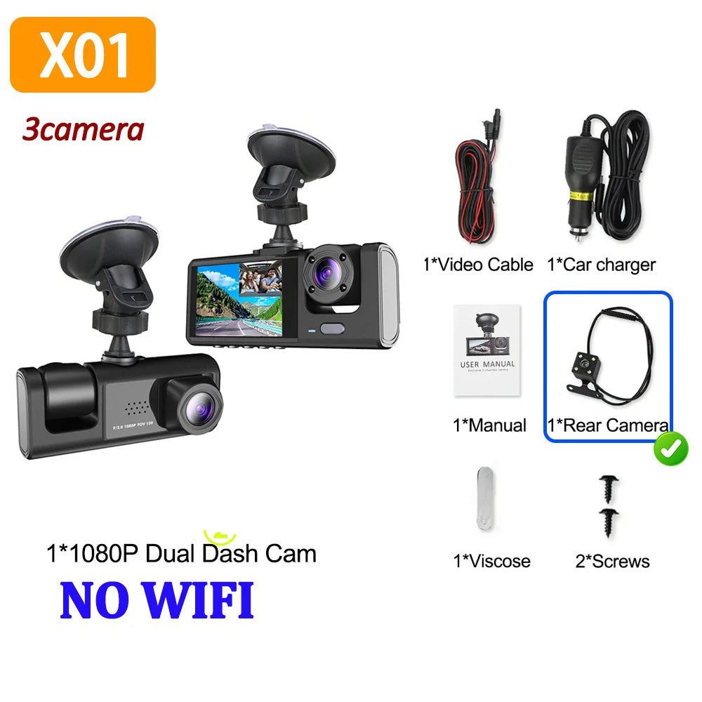 3-Camera Dash Cam 1080P WiFi Car DVR Front & Rear Night Vision Recorder