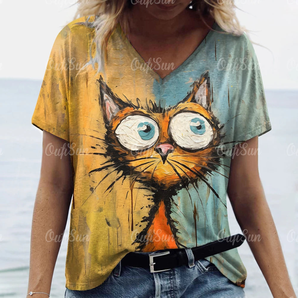 Women’s 3D Cat Print T-Shirt Casual Oversized Tee, Short Sleeve Crew Neck Streetwear
