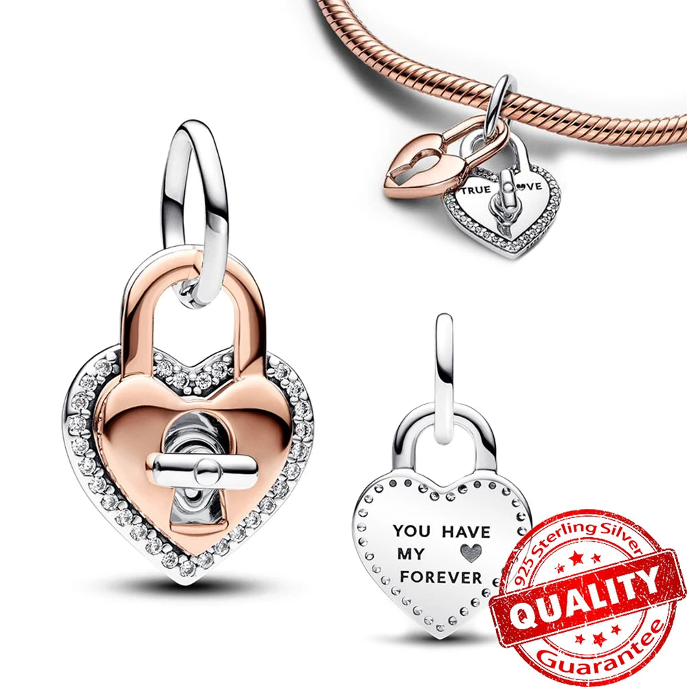 Rose Gold Heart Padlock Key Charm 925 Sterling Silver Bracelet Jewellery Gift