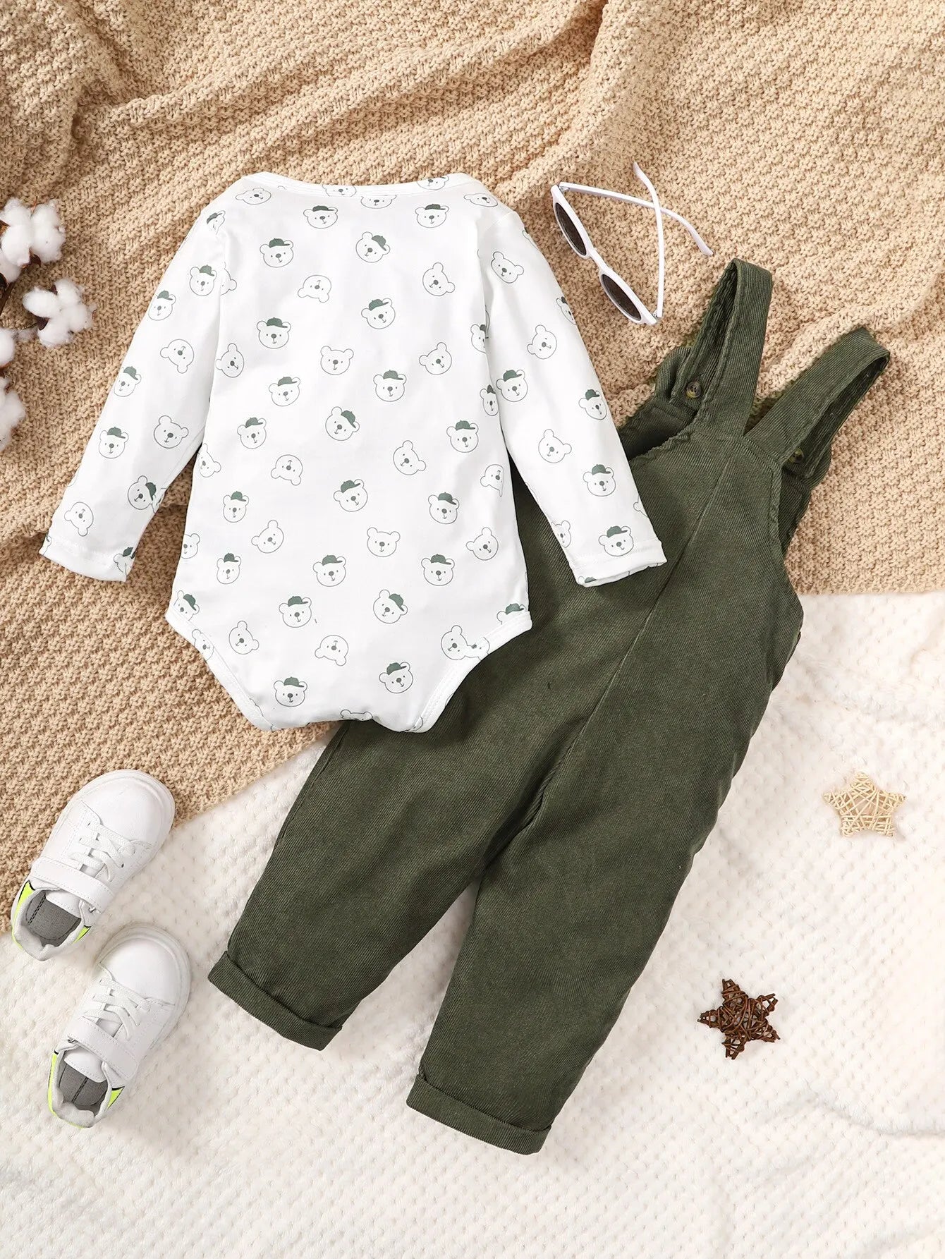 Baby Boy Girl Bear Print Outfit Long Sleeve Top & Strap Pants Toddler Set