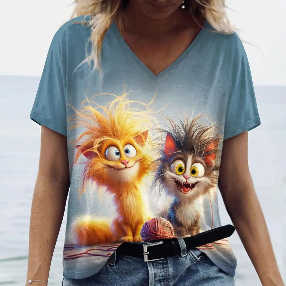 Women’s 3D Cat Print T-Shirt Casual Oversized Tee, Short Sleeve Crew Neck Streetwear