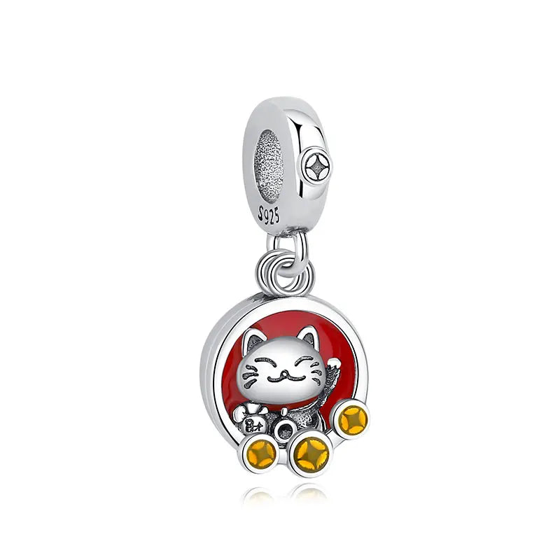 Silver Japanese Doll Fortune Cat Charm Bead for Bracelets