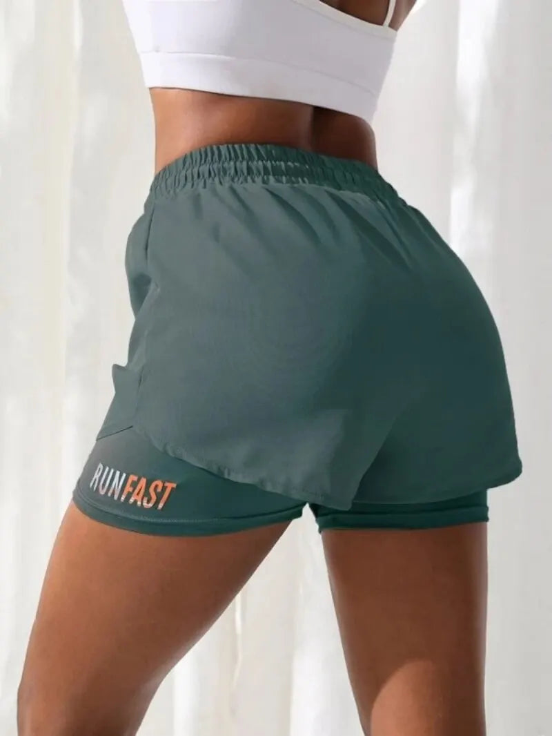 Women's High Rise Yoga Shorts Elastic Waist 2-Piece Running Workout Pants