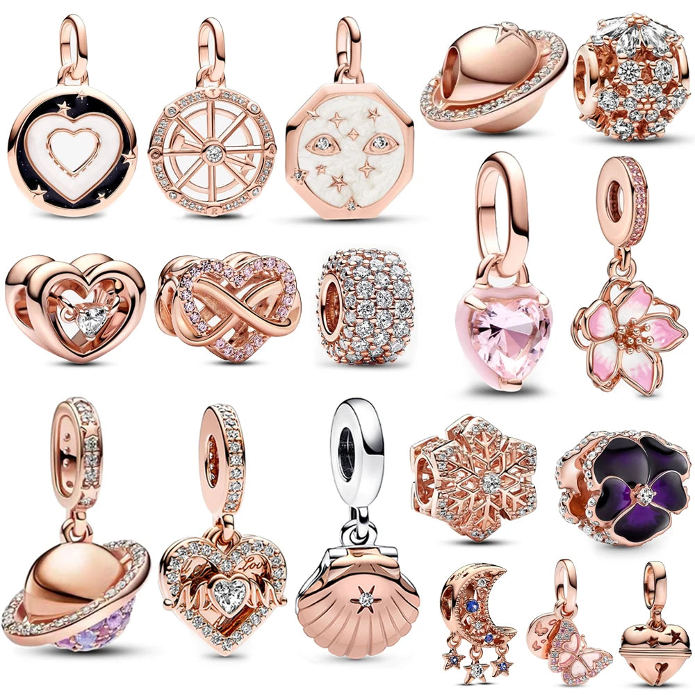 Rose Gold Triple-Row Cherry Blossom Dangle Charm for Silver Bracelet