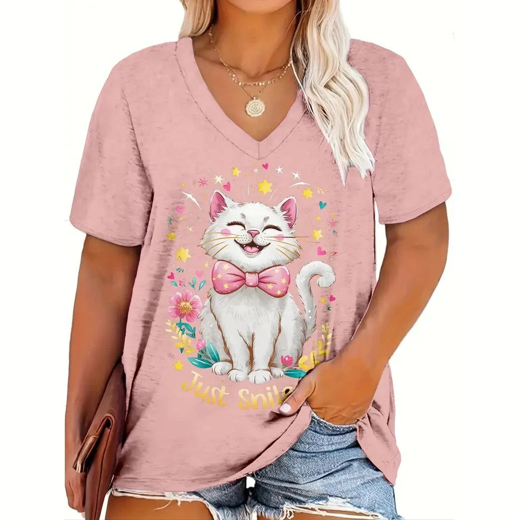 Women’s 3D Cat Print T-Shirt Casual Oversized Tee, Short Sleeve Crew Neck Streetwear
