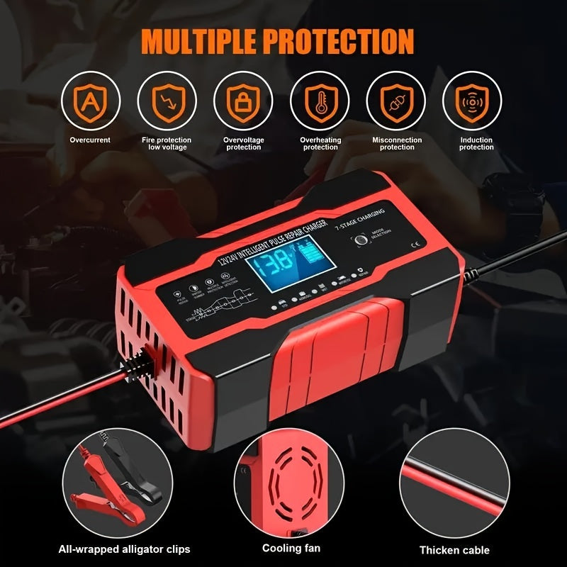 12V/24V 180W Smart Battery Charger – 7-Stage Fast Charger for Car & Bike