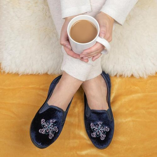 The Slipper Company Womens Slippers Navy Slip on Velour Ida Shoezone SIZE