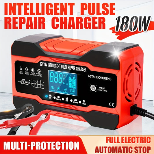 12V/24V 180W Smart Battery Charger – 7-Stage Fast Charger for Car & Bike