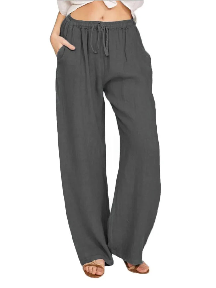 Women's Cotton Linen Wide Leg Trousers Casual Elastic Waist Pants with Pockets, Summer & Autumn Fashion