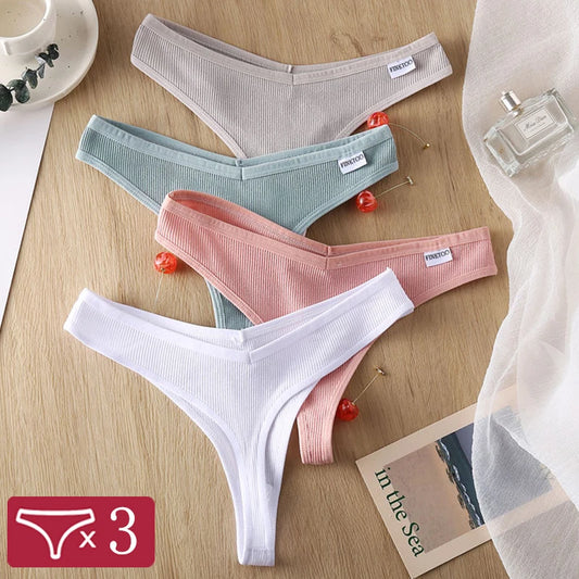 3PCS Women's Cotton Thongs  Low Waist G-String Bikini Briefs Set