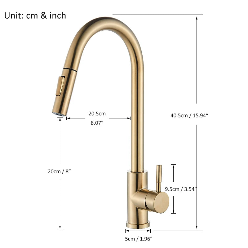 Brushed Gold Kitchen Pull-Out Sink Mixer Tap 360° Rotating Sprayer