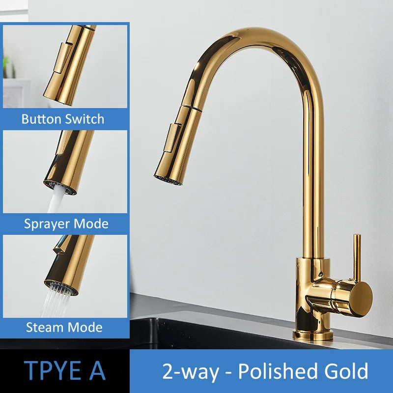 Brushed Gold Kitchen Pull-Out Sink Mixer Tap 360° Rotating Sprayer