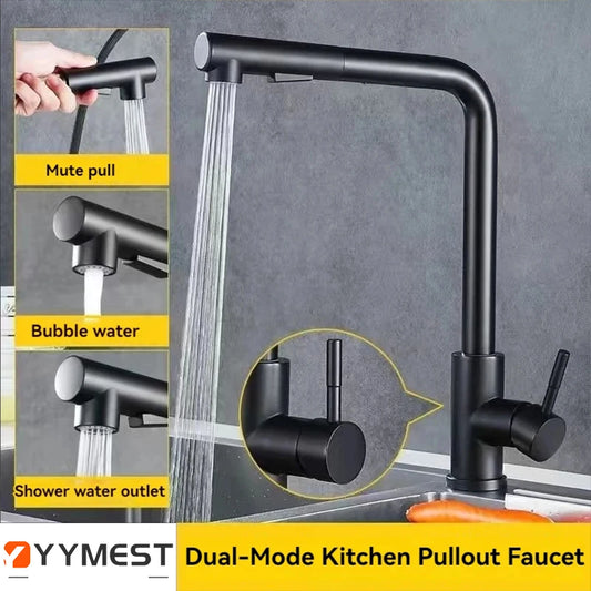 Black Pull-Out Kitchen Faucet Stainless Steel 2-Mode Sprayer Hot & Cold Tap