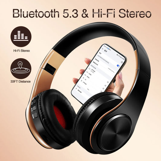 Gold Wireless Bluetooth Headphones w/Mic & 3.5mm Jack for iPhone Samsung