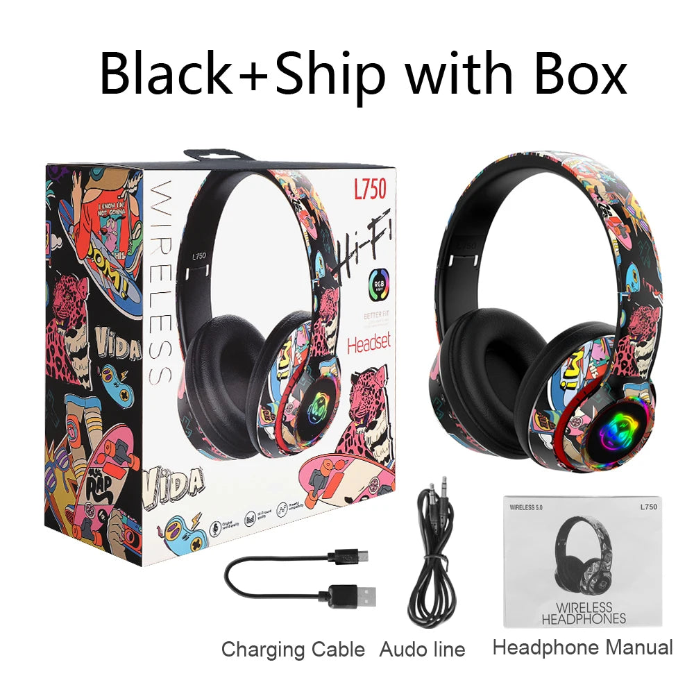 Graffiti Bluetooth 5.1 Gaming Headset  Wireless DJ Headphones Mic, RGB Lights TF Card Support"