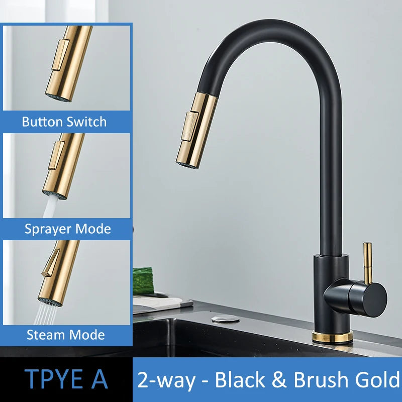 Brushed Gold Kitchen Pull-Out Sink Mixer Tap 360° Rotating Sprayer