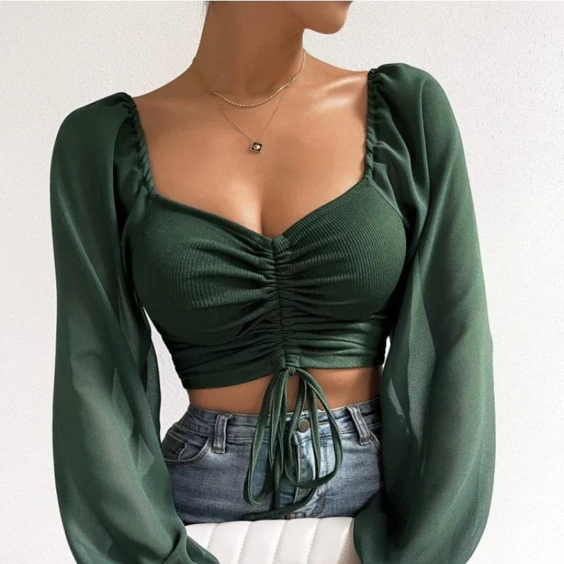 Sexy Women’s Mesh Lantern Sleeve T-Shirt  Drawstring Wrap Chest, Bare Midriff, Long Sleeve, Bottoming Top