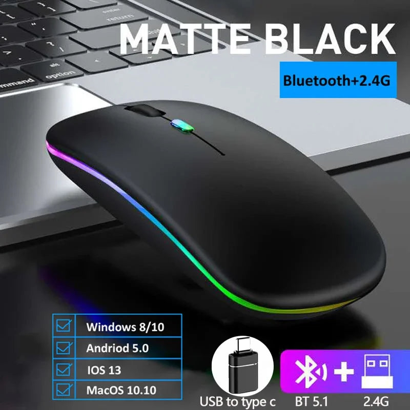 LED Wireless Bluetooth Mouse Rechargeable Silent Dual Mode for Laptop PC