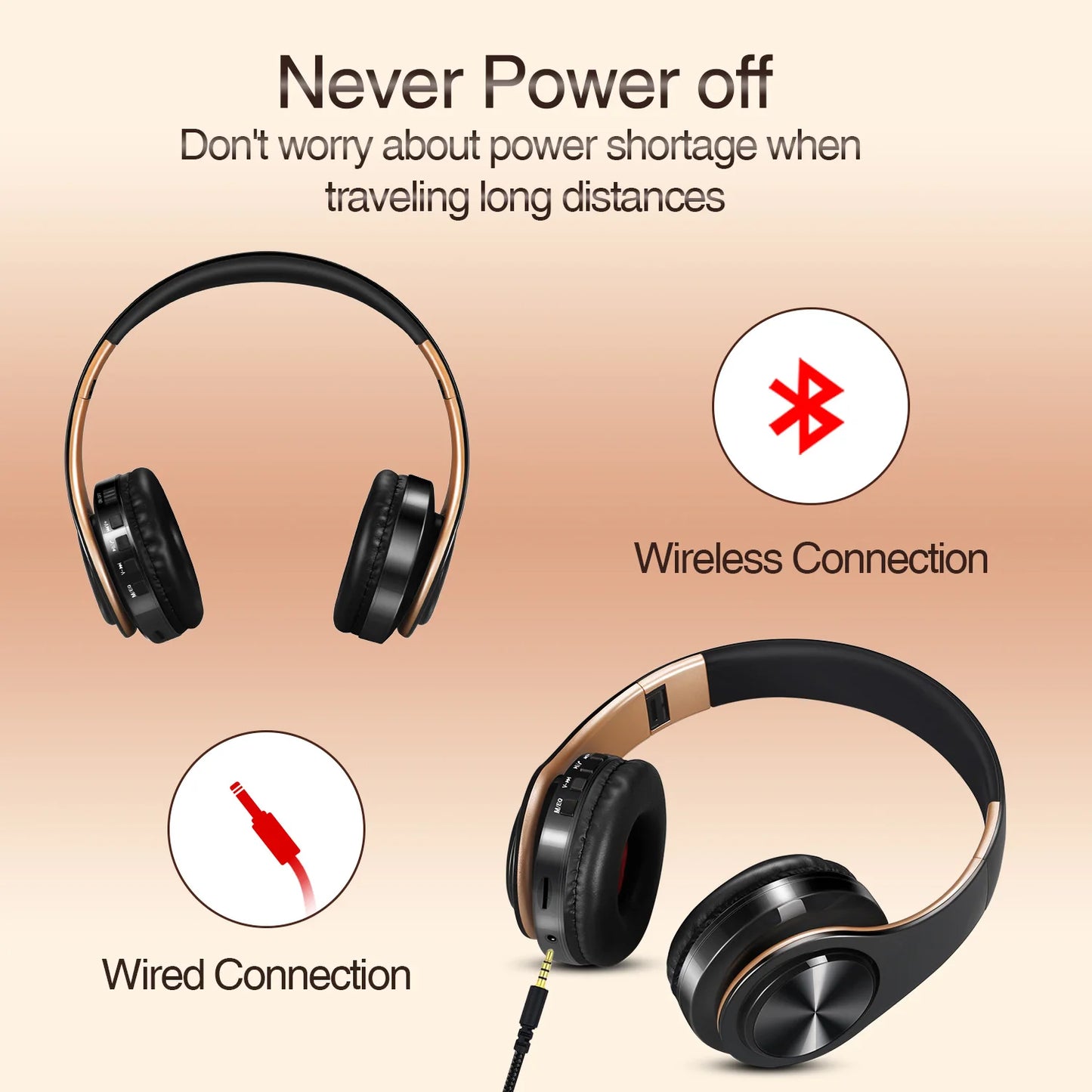 Gold Wireless Bluetooth Headphones w/Mic & 3.5mm Jack for iPhone Samsung