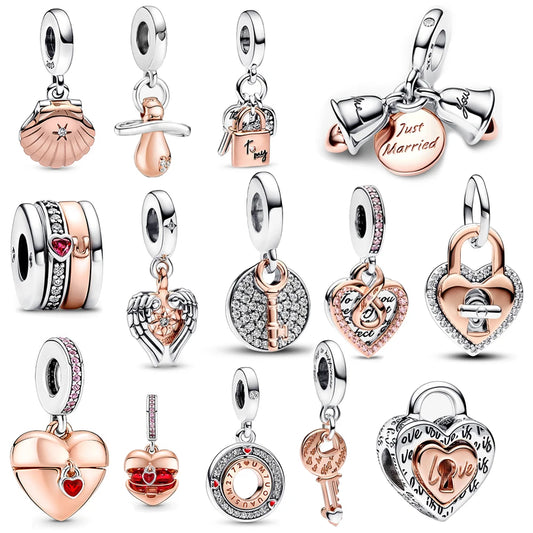 Rose Gold Heart Padlock Key Charm 925 Sterling Silver Bracelet Jewellery Gift