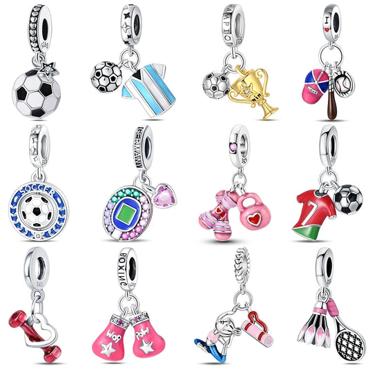 silver Dumbbell Badminn Soccer Charm Beads for Bracelet & Necklace Gift