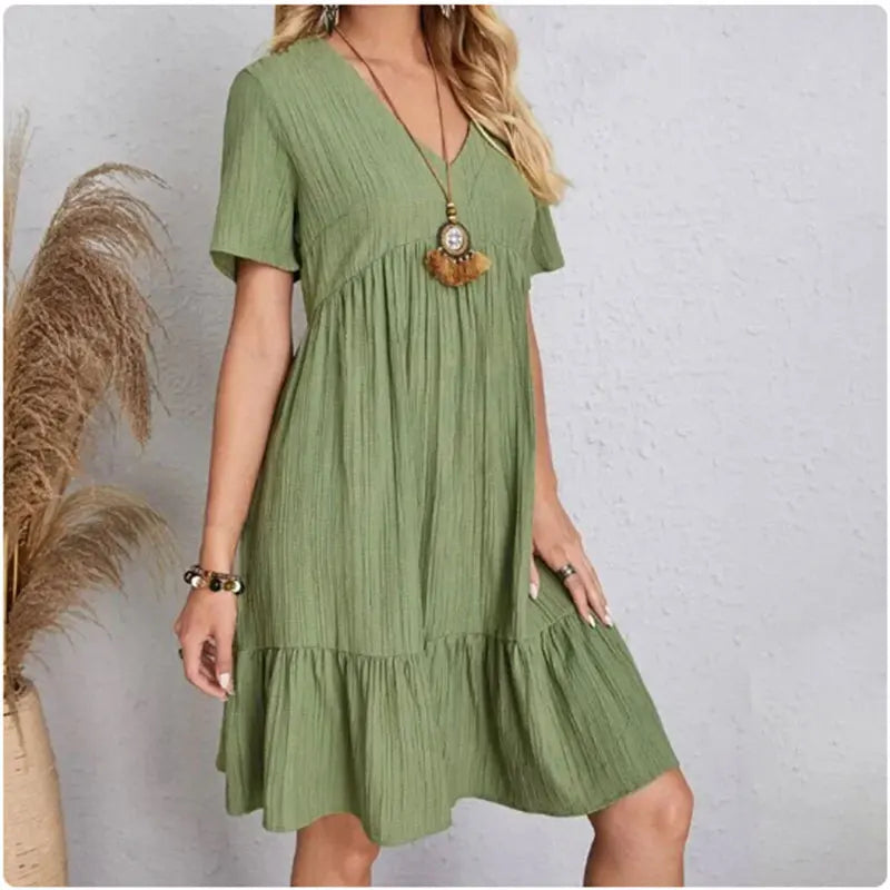 Trendy Spring Dress V-Neck, Short Sleeves & Flattering Fit