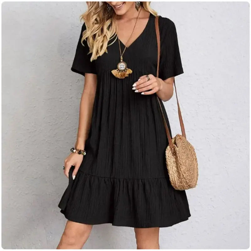 Trendy Spring Dress V-Neck, Short Sleeves & Flattering Fit