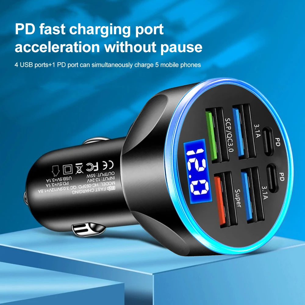 66–250W PD Car Charger  QC3.0 Fast Charge with 6-Port Cigarette Adapter