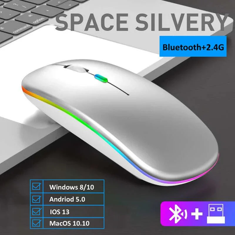 LED Wireless Bluetooth Mouse Rechargeable Silent Dual Mode for Laptop PC