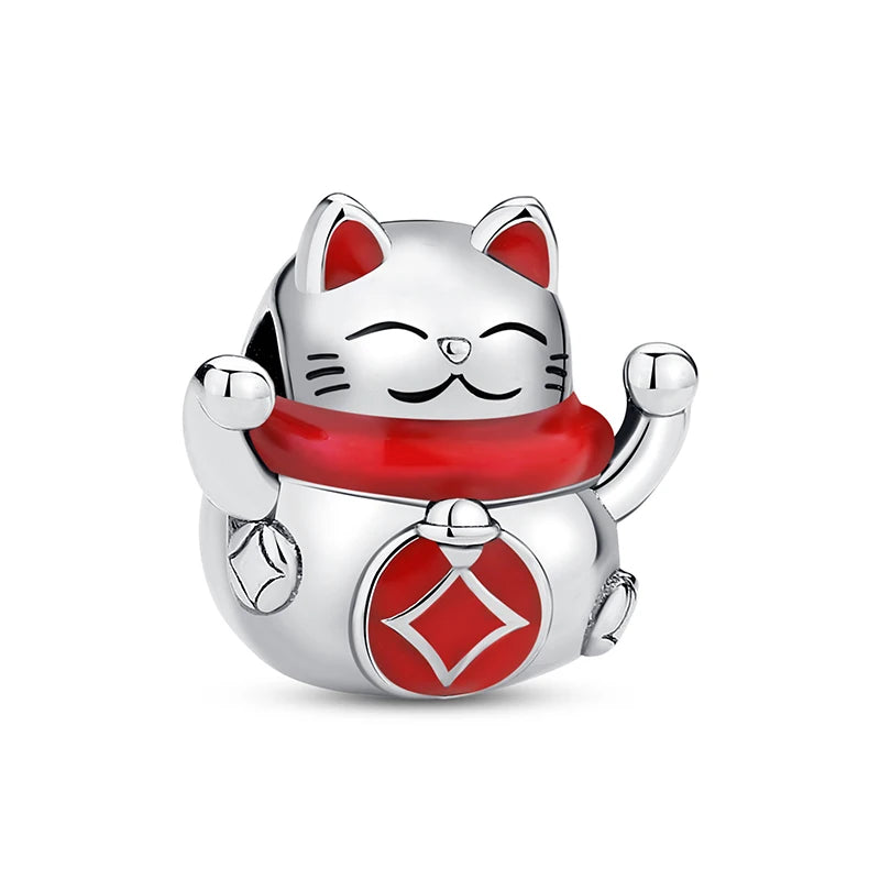 Silver Japanese Doll Fortune Cat Charm Bead for Bracelets