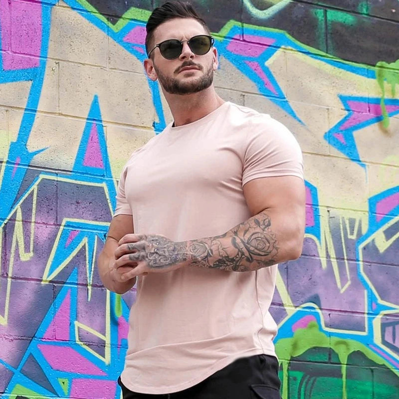 Men's Muscle Fit Gym T-Shirt  Summer Short Sleeve Workout Top, Cotton Athleisure Sports Tee