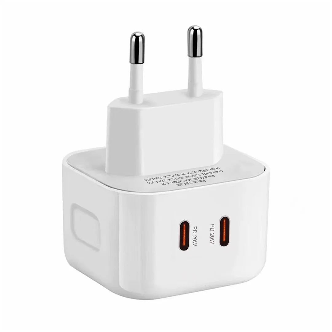 40W Dual USB-C PD Fast Wall Charger for iPhone 11-15 iPad Xiaomi Huawei