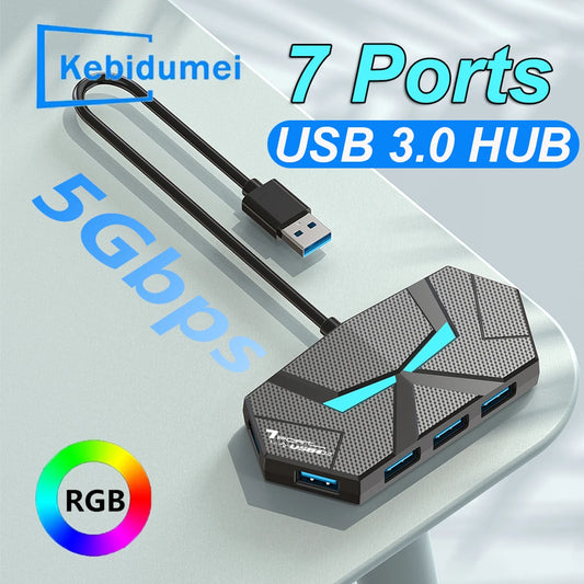 7-Port USB 3.0 Hub Type-C Docking Station 5Gbps Splitter for Laptop & PC