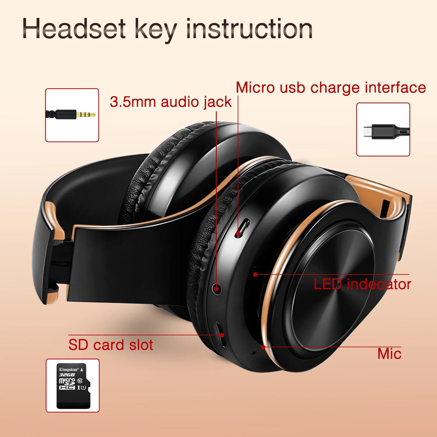 Gold Wireless Bluetooth Headphones w/Mic & 3.5mm Jack for iPhone Samsung