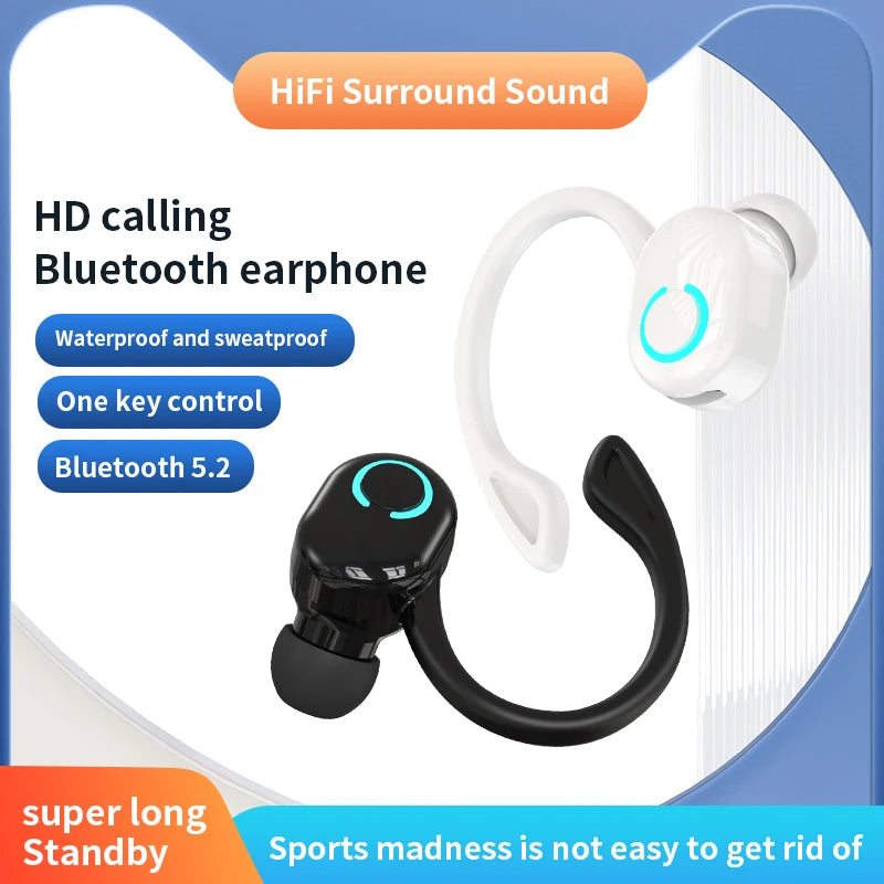 Bluetooth 5.2 Wireless Earphones Waterproof HiFi Stereo Earbuds, Ear Hook, Mic, Sports & Music