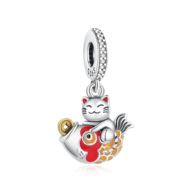 Silver Japanese Doll Fortune Cat Charm Bead for Bracelets