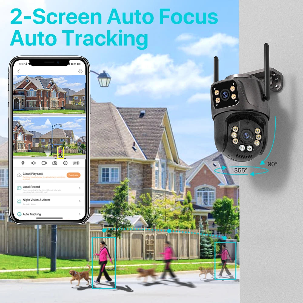 4K 8MP HD WiFi PTZ Outdoor Camera | 4MP Dual Lens & Screen | AI Auto-Tracking CCTV | Audio & Video Surveillance | iCSee P2P