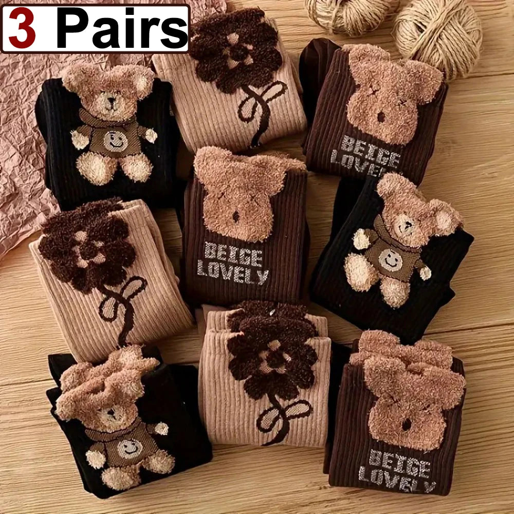 3 Pairs Women's Cartoon Bear Socks Cute Soft Casual Mid Tube